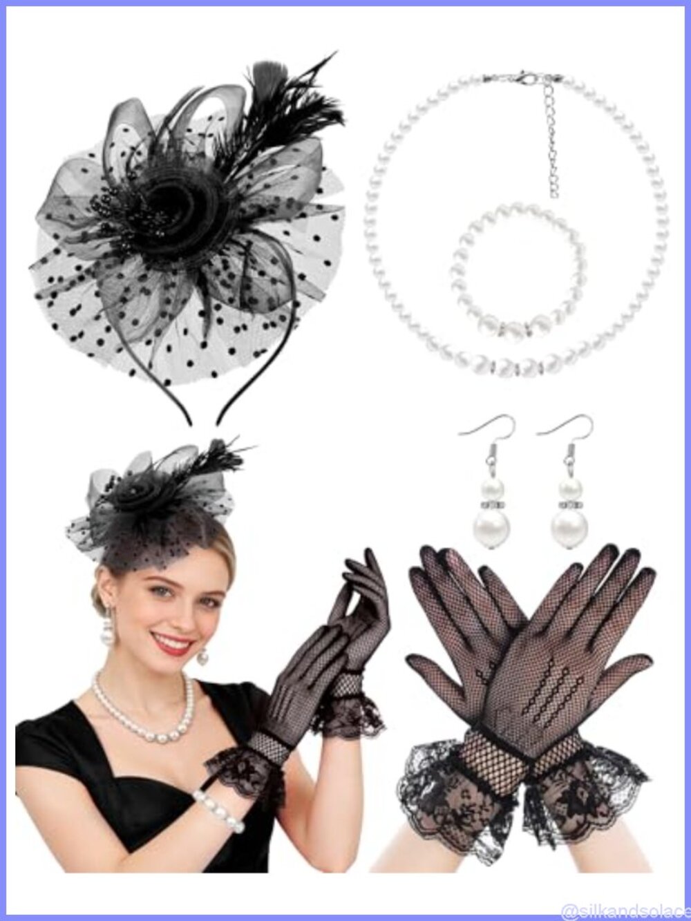 Fascinator Hat Set Mesh Feathered Lace Gloves Faux Pearl Jewelry 1920s Tea